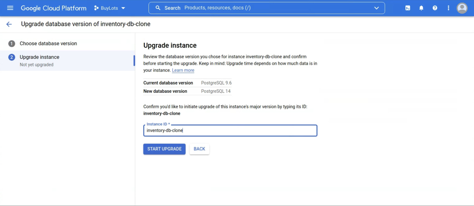 Confirmacao do upgrade digitando o nome da instancia