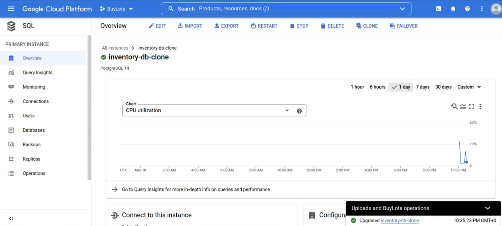 Instancia atualizada com sucesso no console do Cloud SQL